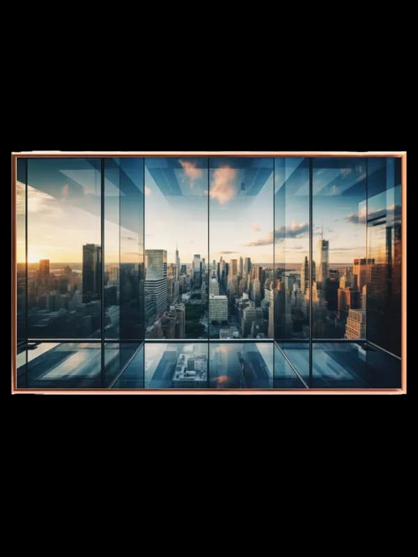 Skyline Gennem Glasfacade ved Solnedgang