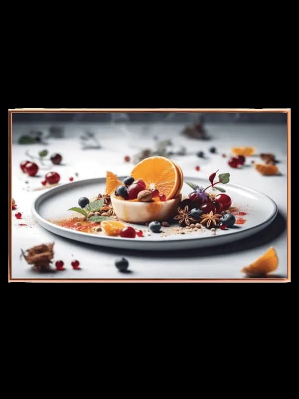 Dessert appelsin bær tallerken med madfotografi