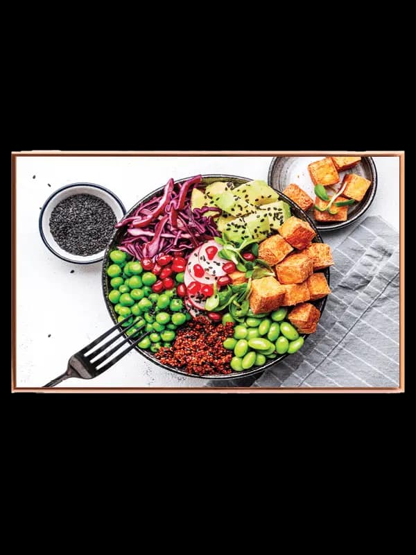 Salatskål tofu edamame avocado med tekstur