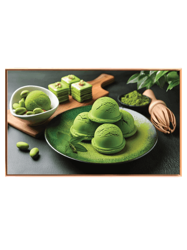 Matcha-is macarons edamame med skål piskeris