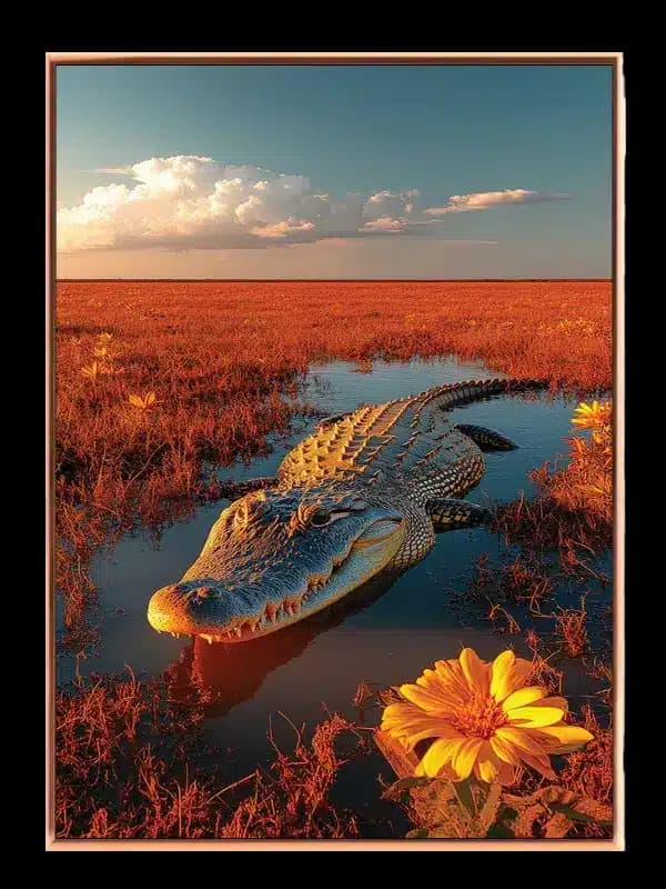 Alligator i gyldent sumplandskab